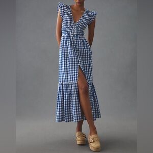 Anthropologie Blue & White Gingham Flutter-Sleeve Midi Dress
